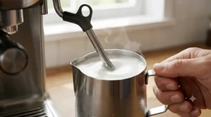 A steam wand on an affordable espresso machine under 300 frothing milk for a latte.