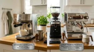 A side-by-side vector illustration comparing an entry-level espresso maker to a premium prosumer machine.