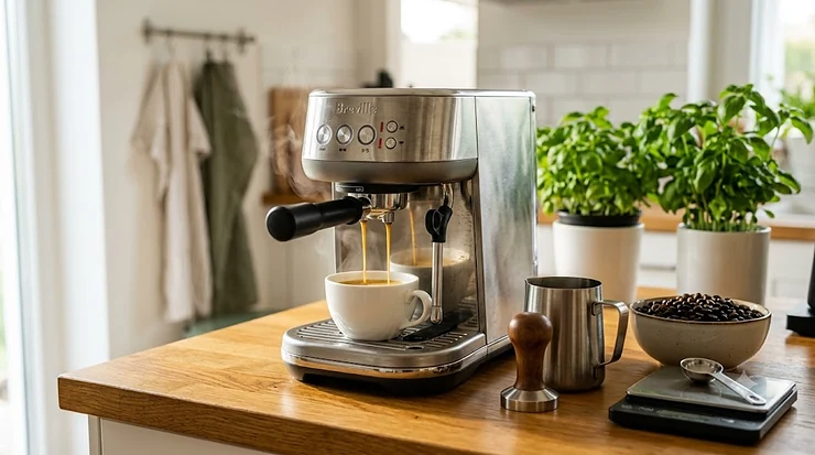 A sleek beginner espresso machine sitting on a modern kitchen countertop next to a fresh cup of espresso with rich crema.