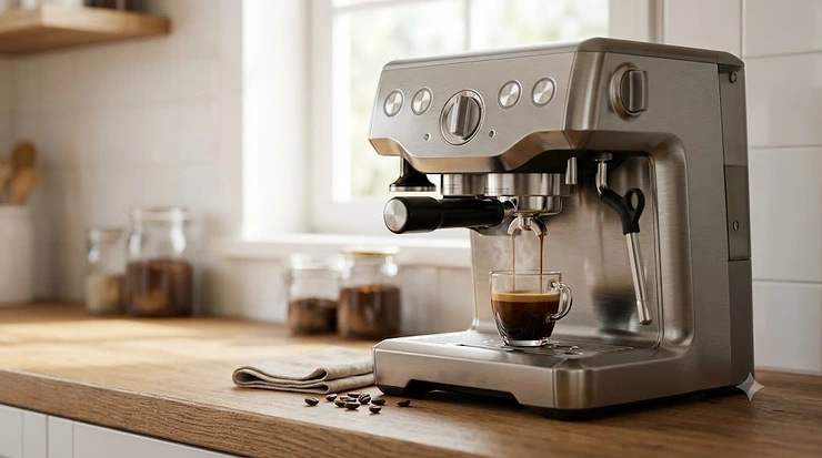 A sleek stainless steel espresso machine under 300 dollars brewing a fresh espresso shot on a modern kitchen counter.