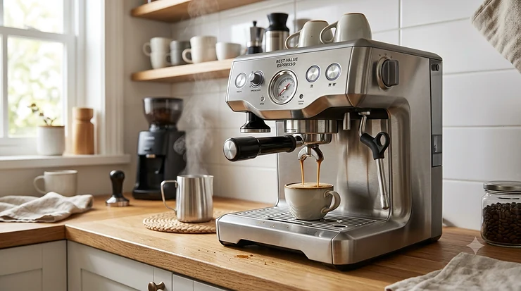 A high-quality stainless steel espresso machine under 500 dollars brewing a fresh espresso shot into a glass cup on a kitchen countertop.