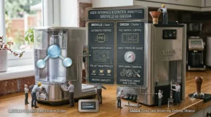 Close-up graphic of the modern digital buttons on the Breville Bambino versus the classic mechanical rocker switches on the Gaggia Classic.