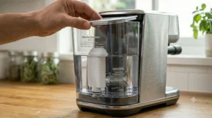 Removing the drip tray for cleaning and maintenance during a long-term Breville Bambino review test.