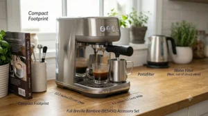 Close-up view of the Breville Bambino control interface highlighting the simple 1-cup, 2-cup, and steam buttons.