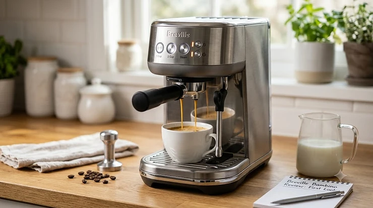 A Breville Bambino espresso machine sitting on a kitchen countertop next to a freshly brewed cup of espresso, part of a comprehensive review.