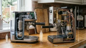 Illustration comparing the compact dimensions of the Breville Bambino next to the larger footprint of the Gaggia Classic.