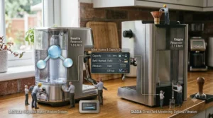 Illustration comparing the water reservoir capacity and removal method for the Breville Bambino and Gaggia Classic.