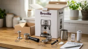 An unboxing overview of the Breville Bambino showing the espresso machine, portafilter, tamper, and milk jug included in the box.