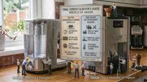 Summary graphic outlining who should buy the beginner-friendly Breville Bambino versus the enthusiast-focused Gaggia Classic.
