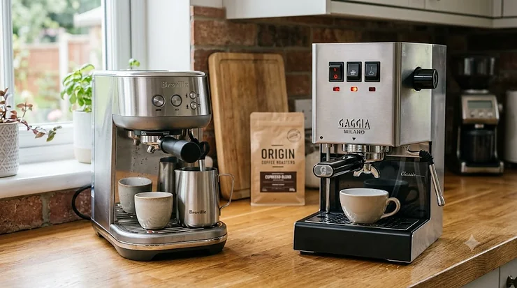A side-by-side comparison of the Breville Bambino and the Gaggia Classic Pro espresso machines on a kitchen countertop. breville bambino vs gaggia classic