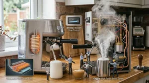 Illustration demonstrating milk texturing and latte art capability using the steam wands of the Breville Bambino and Gaggia Classic.