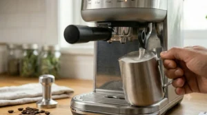 Demonstrating how to remove and fill the rear water reservoir on a Breville Bambino espresso machine.