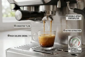 A close-up illustration of rich, golden espresso pouring from the dual spouts of a Breville Barista Express portafilter.