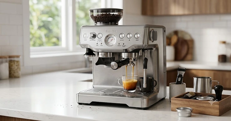 A stainless steel Breville Barista Express espresso machine sitting on a modern kitchen countertop next to a fresh cup of espresso.