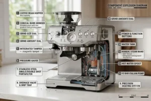 An illustrated diagram labeling the key components and accessories included with the Breville Barista Express.