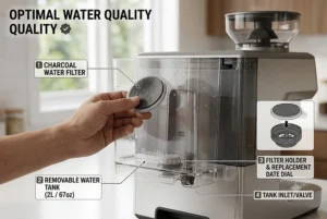 Line art illustration showing how to assemble and replace the charcoal water filter inside the
