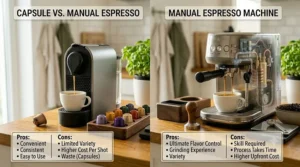 A comparison graphic weighing the pros and cons of a beginner pod-based capsule machine versus a traditional manual espresso machine.
