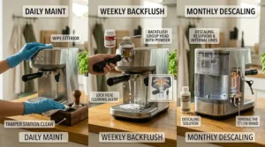 A helpful graphic outlining daily maintenance for an entry-level espresso machine, including backflushing and wiping down the steam wand.