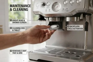 Step-by-step graphic illustrating how to insert the cleaning disc and tablet into the Breville Barista Express for a backflush cycle.