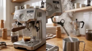 A slim and compact espresso machine under 500 perfectly fitting into a small apartment kitchen setup.