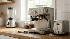 A compact home espresso machine under 300 dollars fitting easily on a small kitchen countertop.