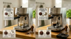 A troubleshooting illustration contrasting a sour, under-extracted espresso shot with a bitter, over-extracted shot.