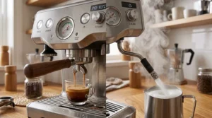 A close-up illustration of a powerful steam wand frothing milk for a latte, featuring a sub-500 dollar espresso machine.