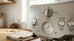 The simple control panel interface of a beginner-friendly espresso machine under 300 dollars.