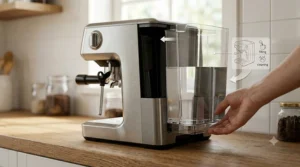 A removable water reservoir being detached from a home espresso machine under 300 dollars.
