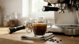 A rich shot of espresso with thick crema brewed from a home espresso machine under 300 dollars.