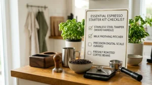 A checklist illustration showing necessary tools for a beginner espresso setup, featuring a tamper, milk frothing pitcher, and knock box.
