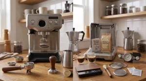 An array of barista accessories included with a standard home espresso machine under 500 dollars, like a tamper and portafilter.