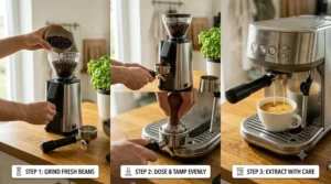 A step-by-step graphic demonstrating how to use a beginner espresso machine, from grinding coffee beans to pulling a shot.