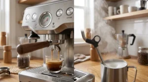 Graphic diagram comparing a semi-automatic espresso machine and a fully automatic espresso machine under 500.