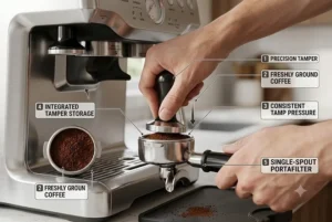 Graphic illustration demonstrating the correct way to tamp coffee grounds evenly inside the Breville Barista Express portafilter.
