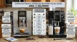 Infographic buyer's guide comparing price points and overall value of Jura and DeLonghi super-automatic models.