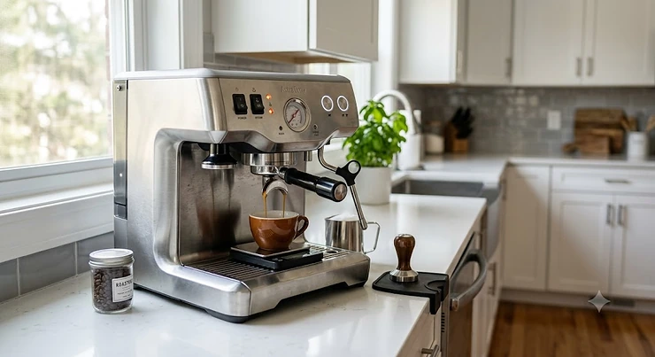 Top-rated stainless steel semi-automatic espresso machine under 1000 dollars on a modern American kitchen countertop.