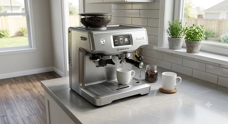 Sleek super automatic espresso machine under $1000 sitting on a modern American kitchen countertop. super automatic espresso machine under 1000