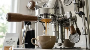 Rich, golden espresso crema dripping from a bottomless portafilter on a high end home espresso machine.
