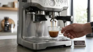 Rich espresso with thick golden crema pouring from a double-spout portafilter into a glass coffee cup on a Breville drip tray.