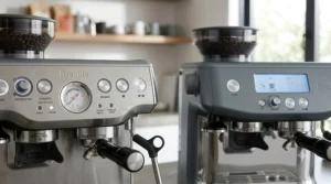 Close-up comparison highlighting the analog pressure gauge on the Barista Express versus the digital LCD screen interface on the Barista Pro.
