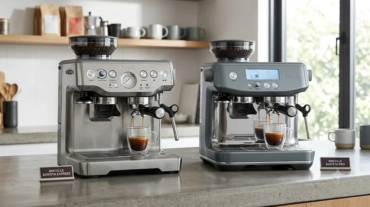 Side-by-side comparison of the stainless steel Breville Barista Express and the Breville Barista Pro espresso machines on a kitchen countertop. breville barista express vs pro
