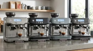 Multiple Breville Barista Pro models showcased in different color ways including brushed stainless steel and truffle black.