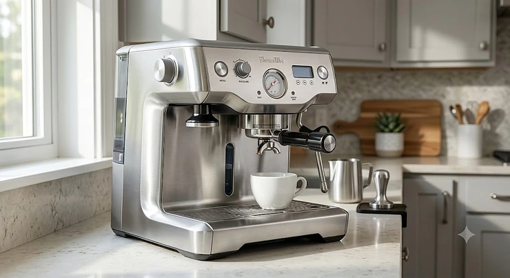 Breville Dual Boiler espresso machine on a kitchen countertop, a comprehensive review of its stainless steel design and features. breville dual boiler review