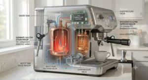Illustration showing the internal dual boiler system of the Breville espresso machine, highlighting the separate steam and espresso boilers.
