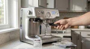 Performing routine maintenance and backflushing cleaning cycle on the Breville Dual Boiler espresso machine.