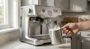 Using the powerful steam wand on the Breville Dual Boiler to froth milk in a stainless steel pitcher for a latte.