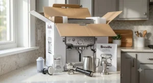 Unboxing the Breville Dual Boiler showing the included accessories like the portafilter, milk jug, and cleaning kit.