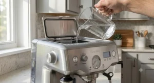 Refilling the water reservoir through the convenient top-fill hatch of the Breville Dual Boiler home espresso machine.
