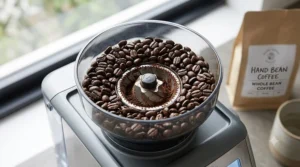 A view looking down into the integrated conical burr grinder hopper of a Breville espresso machine filled with fresh coffee beans.